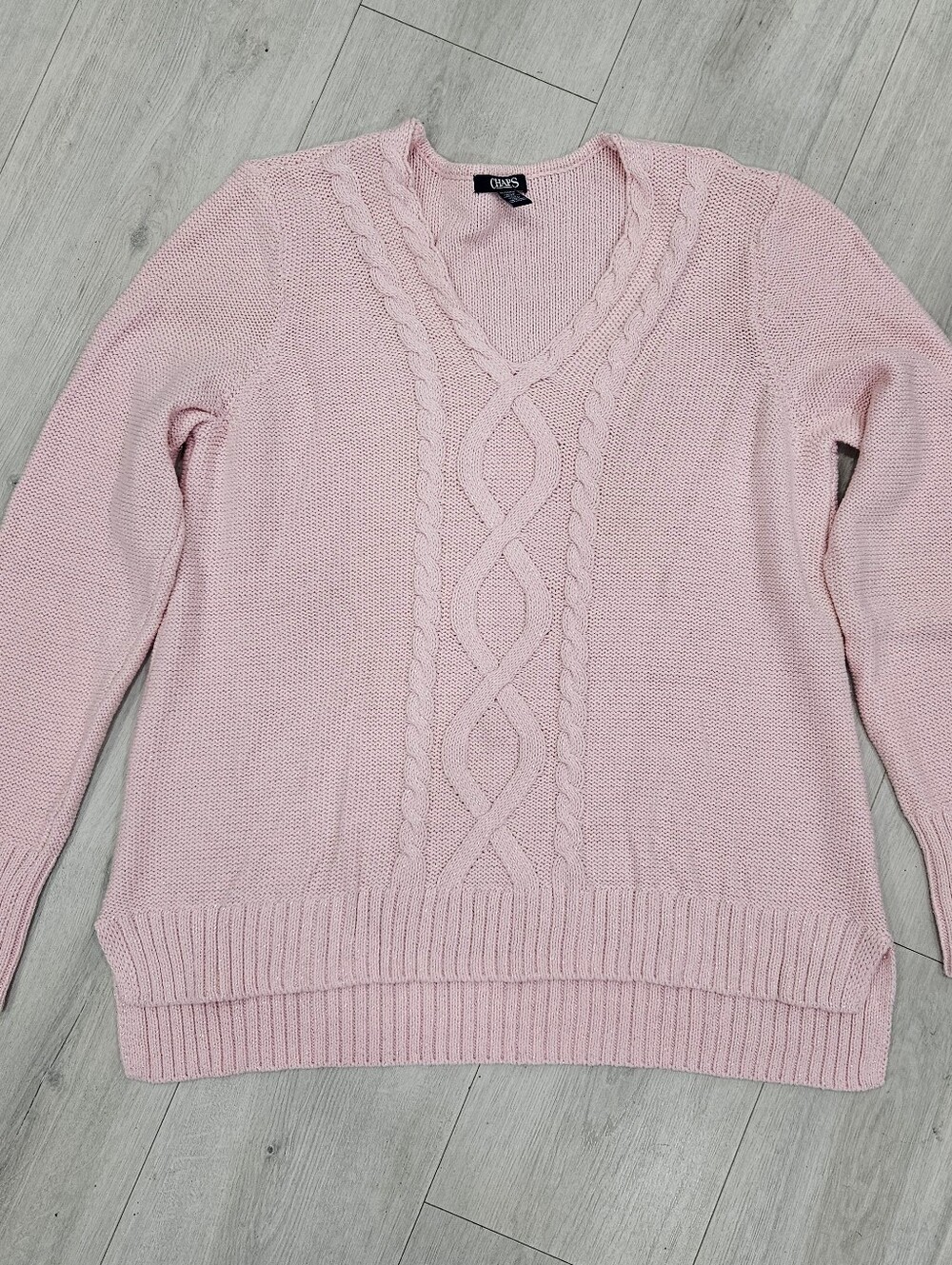 Chaps Pink Cable Knit Silver Shimmer Chunky V Neck Sweater Cotton Blend XL NWOT